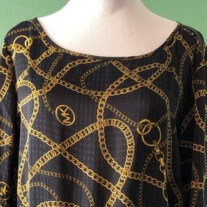 Michael Kors Blue/Black Herringbone Print with Gold Chain Blouse